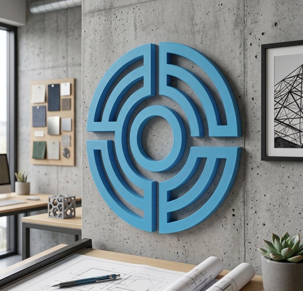 Logótipo 3D azul numa parede de escritório