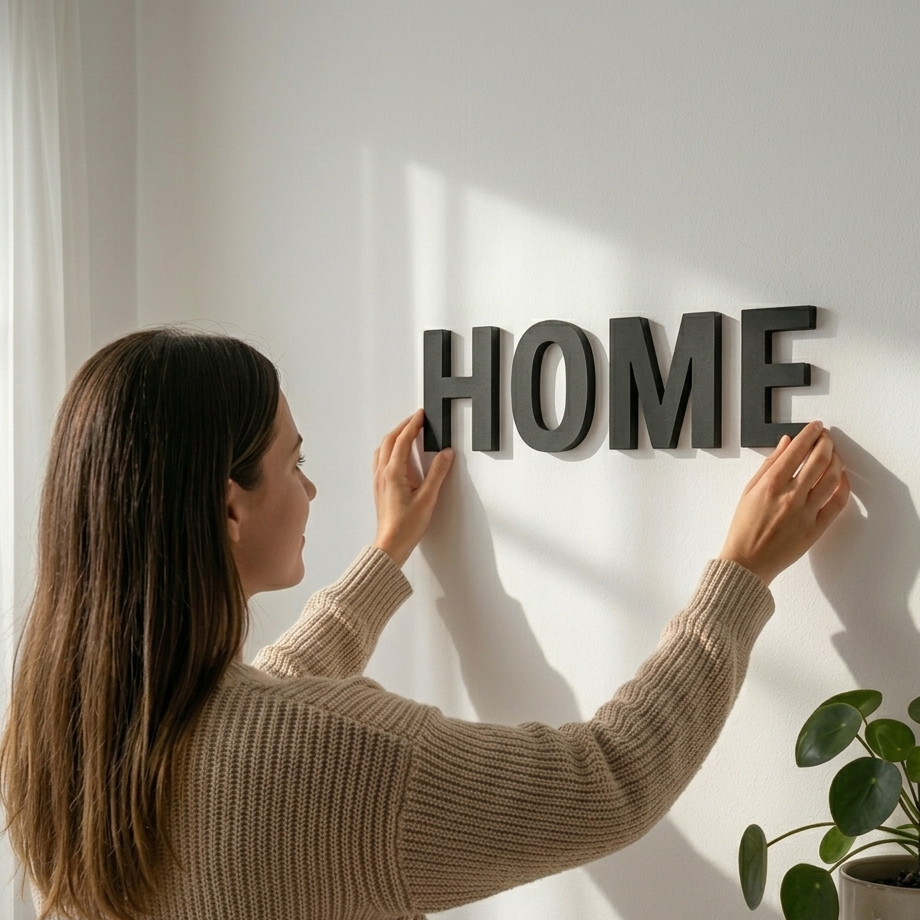 Mulher a colocar letras 3D HOME na parede