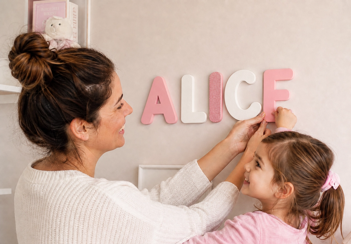 Mãe e filha a colocar letras personalizadas na parede