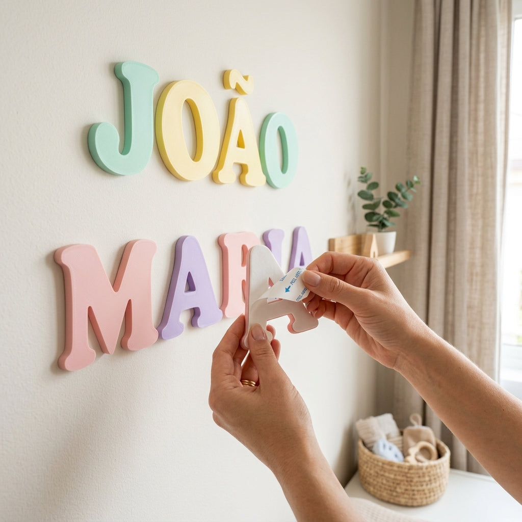 Letras personalizadas JOÃO e MARIA na parede de quarto de bebé, mãos a aplicar adesivo