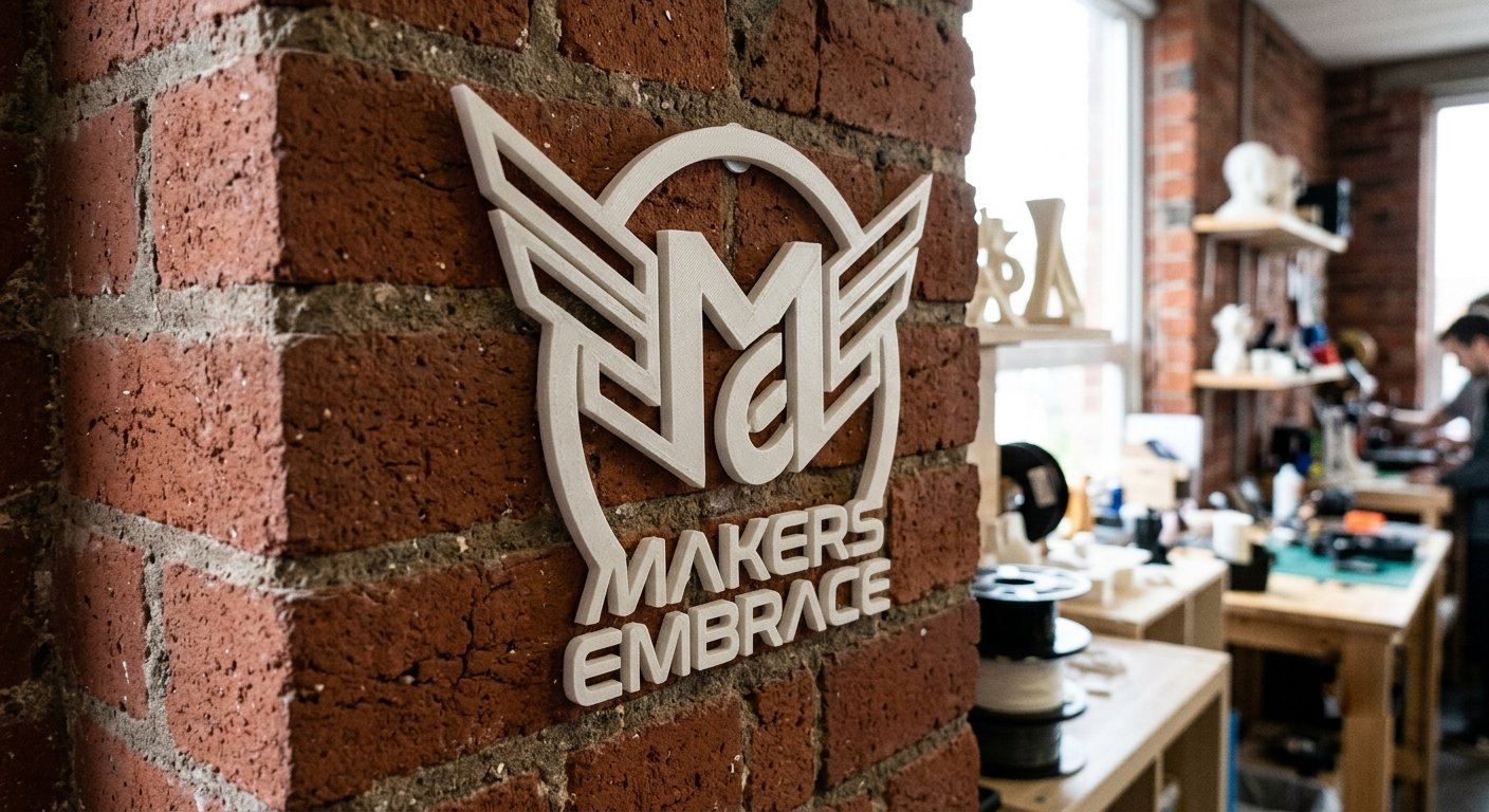 Logótipo 3D branco numa parede de tijolo