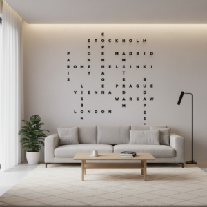 EU Capitals crossword wall art kit displayed on living room wall with 3D letters spelling European city names